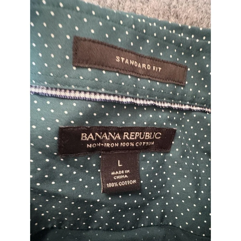Banana Republic Dress Shirt Mens L Green Polka Dot Standard Non Iron Cotton LS